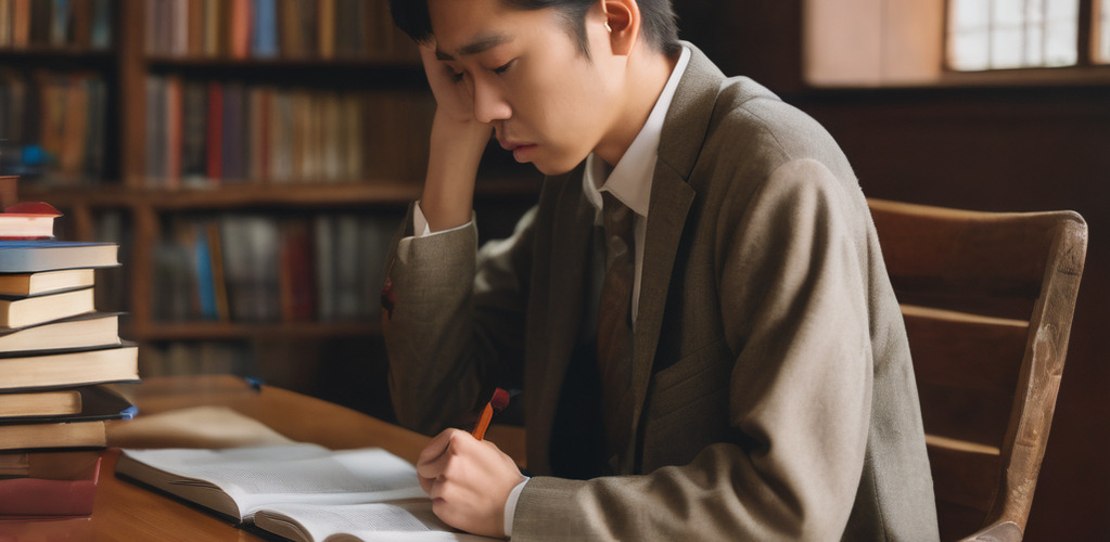 Student alone at desk surrounded by books, trying to learn Mandarin Chinese through self-learning and frustrated with the lack of progress. Achieve greater success with an experienced teacher.